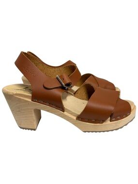 Lotta's Brown Leather Clog Sandals with Wood Heel Sz EU36/US6